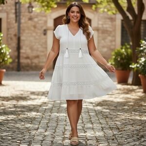 Kate & Sam White Gauzy Crochet Tassel Dress sz Large